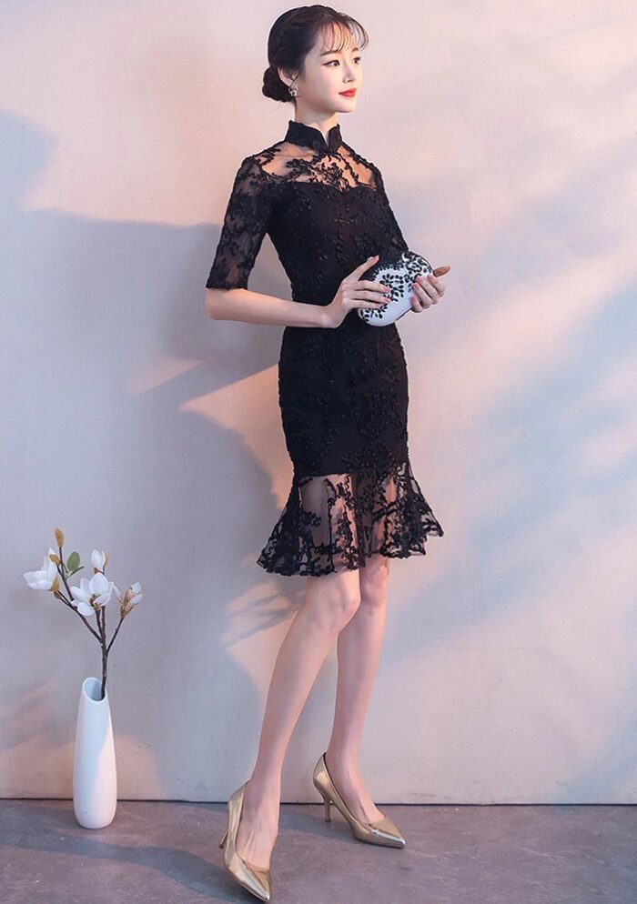 Black Lace Cheongsam Dress Elegant Floral Embroidery