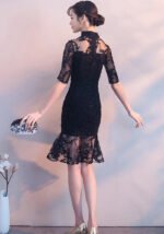 Black Lace Cheongsam Dress Elegant Floral Embroidery