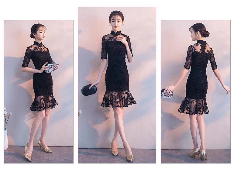 Black Lace Cheongsam Dress Elegant Floral Embroidery