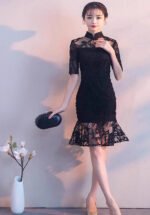 Black Lace Cheongsam Dress Elegant Floral Embroidery