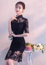 Black Lace Cheongsam Dress Elegant Floral Embroidery