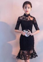 Black Lace Cheongsam Dress Elegant Floral Embroidery