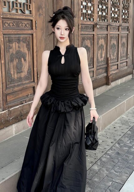 Black Modern Cheongsam-inspired Puffy Dresses