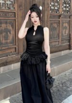 Black Modern Cheongsam-inspired Puffy Dresses