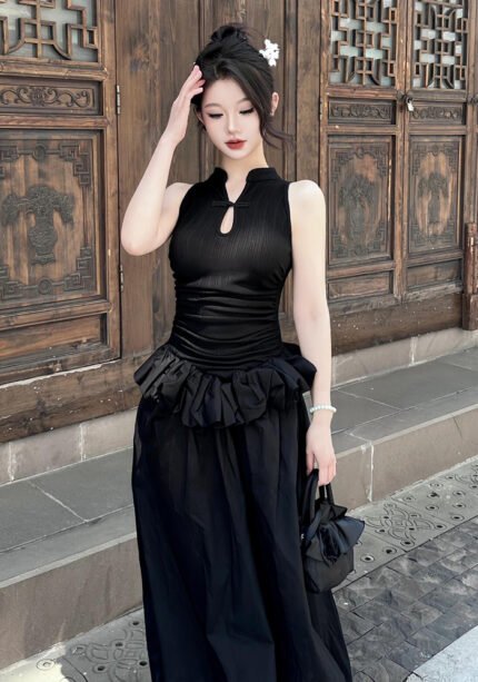 Black Modern Cheongsam-inspired Puffy Dresses