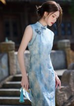 Blue Floral Qipao Sleeveless Elegant Cheongsam Dress