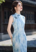 Blue Floral Qipao Sleeveless Elegant Cheongsam Dress