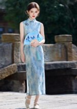 Blue Floral Qipao Sleeveless Elegant Cheongsam Dress