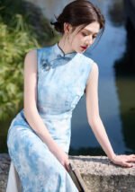 Blue Floral Qipao Sleeveless Elegant Cheongsam Dress