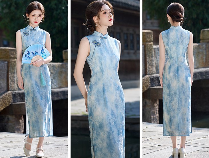 Blue Floral Qipao Sleeveless Elegant Cheongsam Dress
