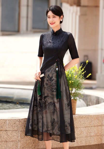 Elegant Black Cheongsam Modern Chinese Qipao