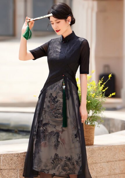 Elegant Black Cheongsam Modern Chinese Qipao