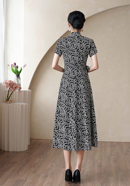 Elegant Black White Leaves Cheongsam Dress