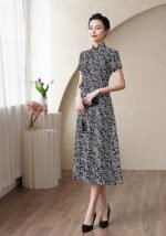Elegant Black White Leaves Cheongsam Dress