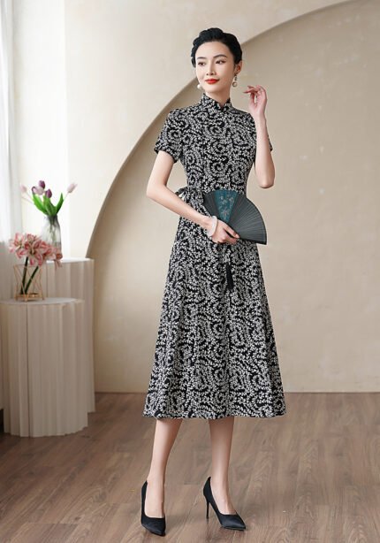 Elegant Black White Leaves Cheongsam Dress