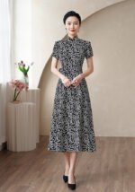 Elegant Black White Leaves Cheongsam Dress