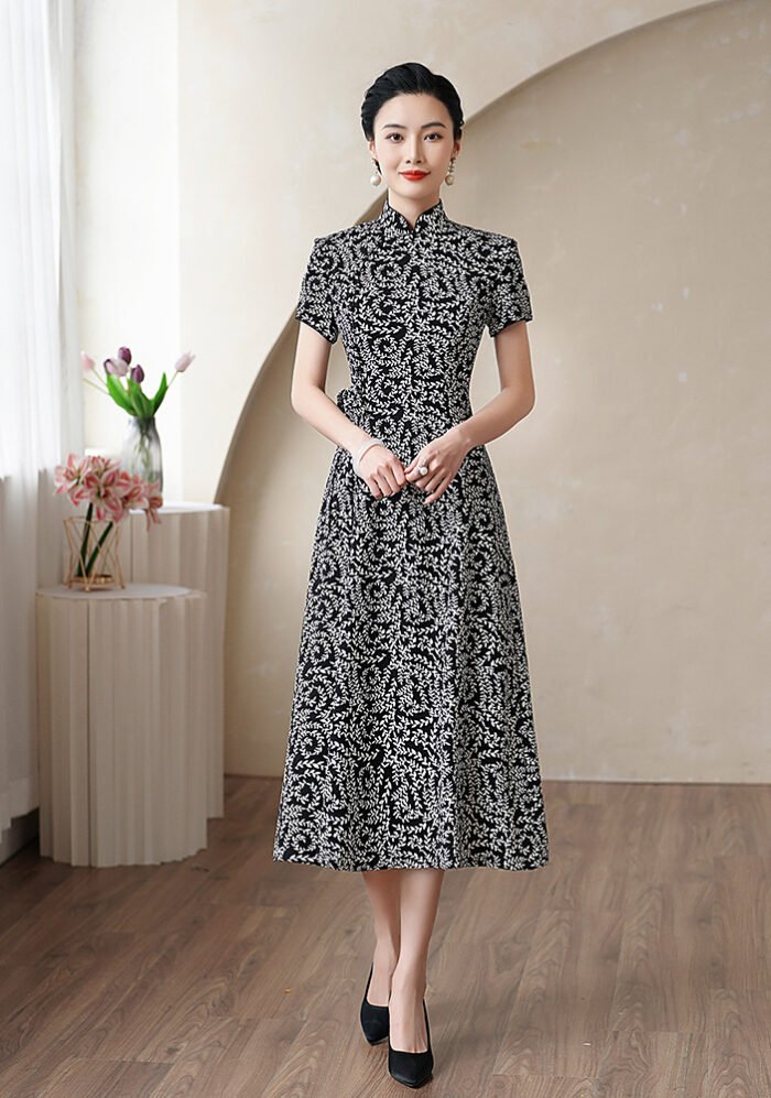 Elegant Black White Leaves Cheongsam Dress