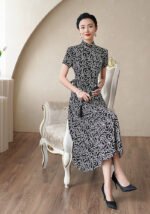 Elegant Black White Leaves Cheongsam Dress