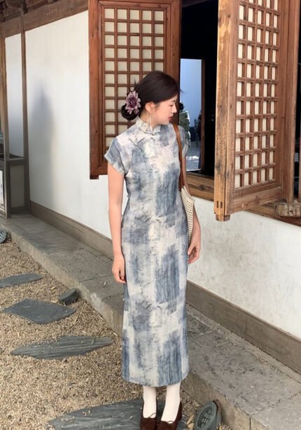 Elegant Cheongsam Chinese Watercolor Print Qipao Dress
