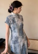 Elegant Cheongsam Chinese Watercolor Print Qipao Dress