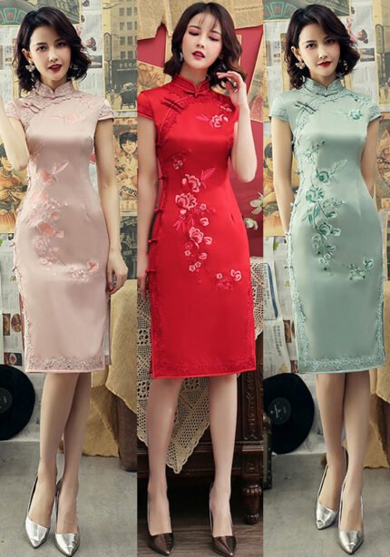 Elegant Chinese Cheongsam Dress Multi-Colored Floral Short Qipao​