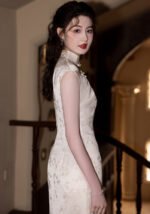 Elegant Cream Blue Sleeveless Qipao Dress