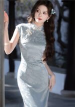 Elegant Cream Blue Sleeveless Qipao Dress