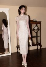 Elegant Cream Blue Sleeveless Qipao Dress