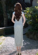Elegant Cream Blue Sleeveless Qipao Dress