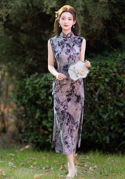 Elegant Floral Print Sleeveless Qipao Dress