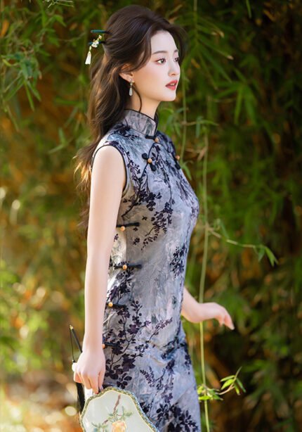 Elegant Floral Print Sleeveless Qipao Dress
