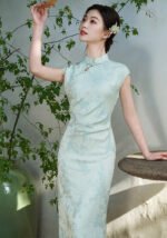 Elegant Light Blue Floral Cheongsam Dresses