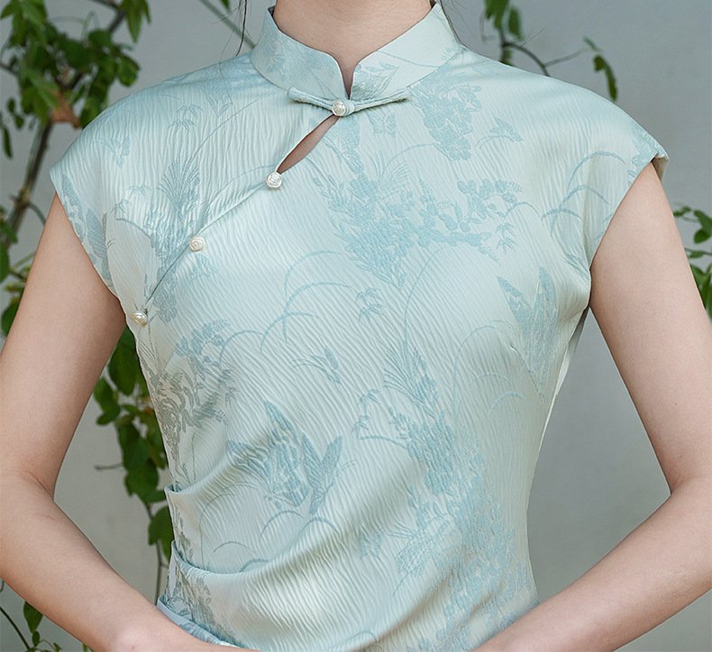Elegant Light Blue Floral Cheongsam Dresses