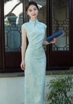 Elegant Light Blue Floral Cheongsam Dresses
