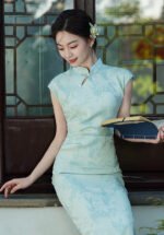 Elegant Light Blue Floral Cheongsam Dresses