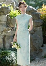 Elegant Light Blue Floral Cheongsam Dresses