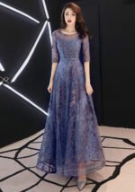 Elegant Purple-Blue Tulle Lace Evening Gown
