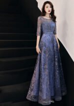 Elegant Purple-Blue Tulle Lace Evening Gown