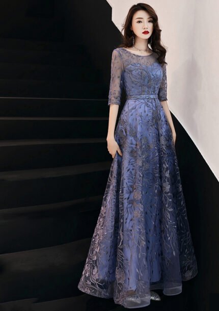 Elegant Purple-Blue Tulle Lace Evening Gown