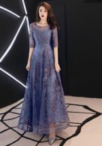 Elegant Purple-Blue Tulle Lace Evening Gown