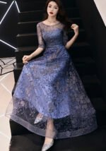 Elegant Purple-Blue Tulle Lace Evening Gown