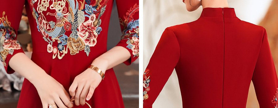 Red Chinese Embroidered Cheongsam Dress