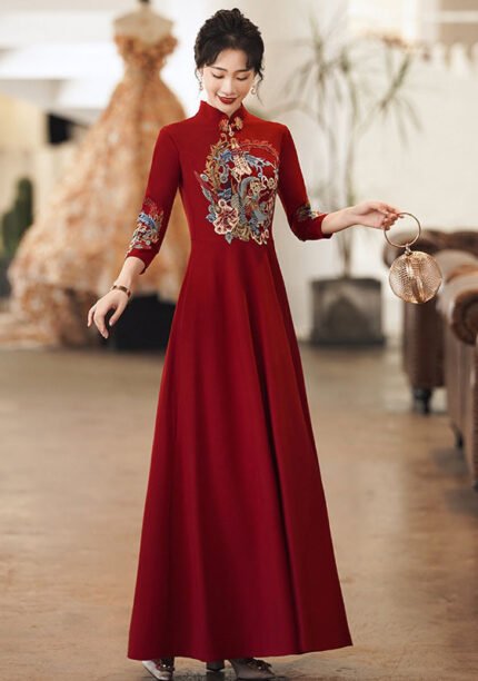 Red Chinese Embroidered Cheongsam Dress