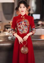 Red Chinese Embroidered Cheongsam Dress