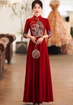 Red Chinese Embroidered Cheongsam Dress
