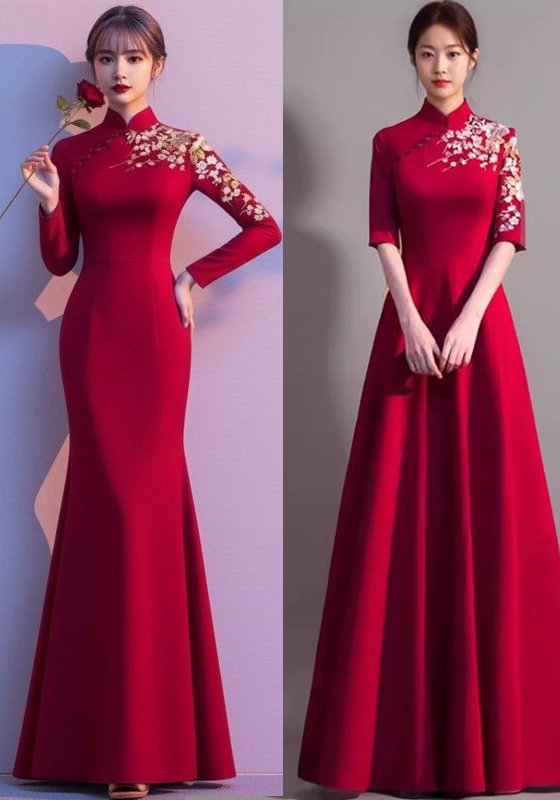 Embroidered Red Floral Modern Qipao Dresses