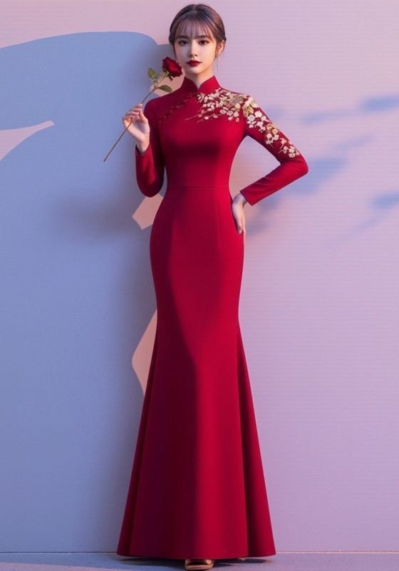 Embroidered Red Floral Modern Qipao Dresses