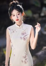 Embroidered Silk Sleeveless Slim-Fit Qipao Dress