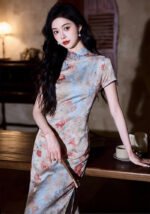 Exquisite Floral-Print Cheongsam Dress