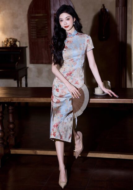 Exquisite Floral-Print Cheongsam Dress